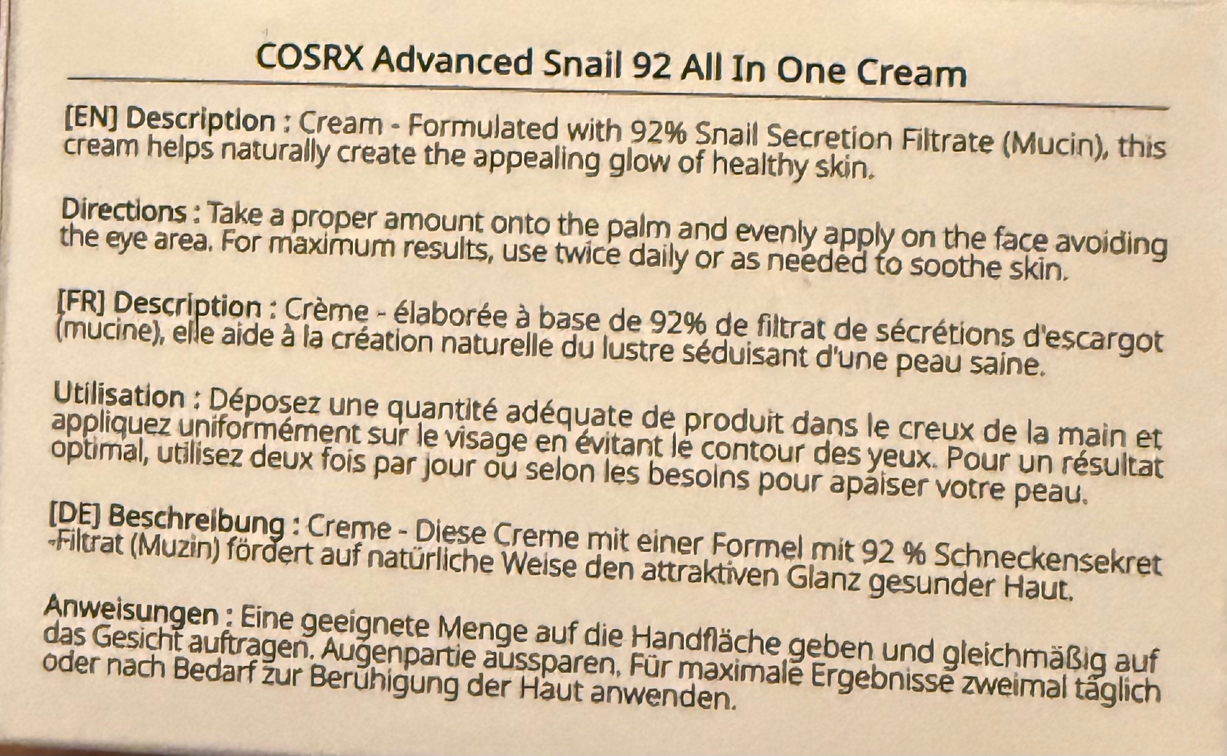 COSRX Snail 92 All-in-One Cream | Korean Moisturizer for Damaged & Sensitive Skin – 100ml